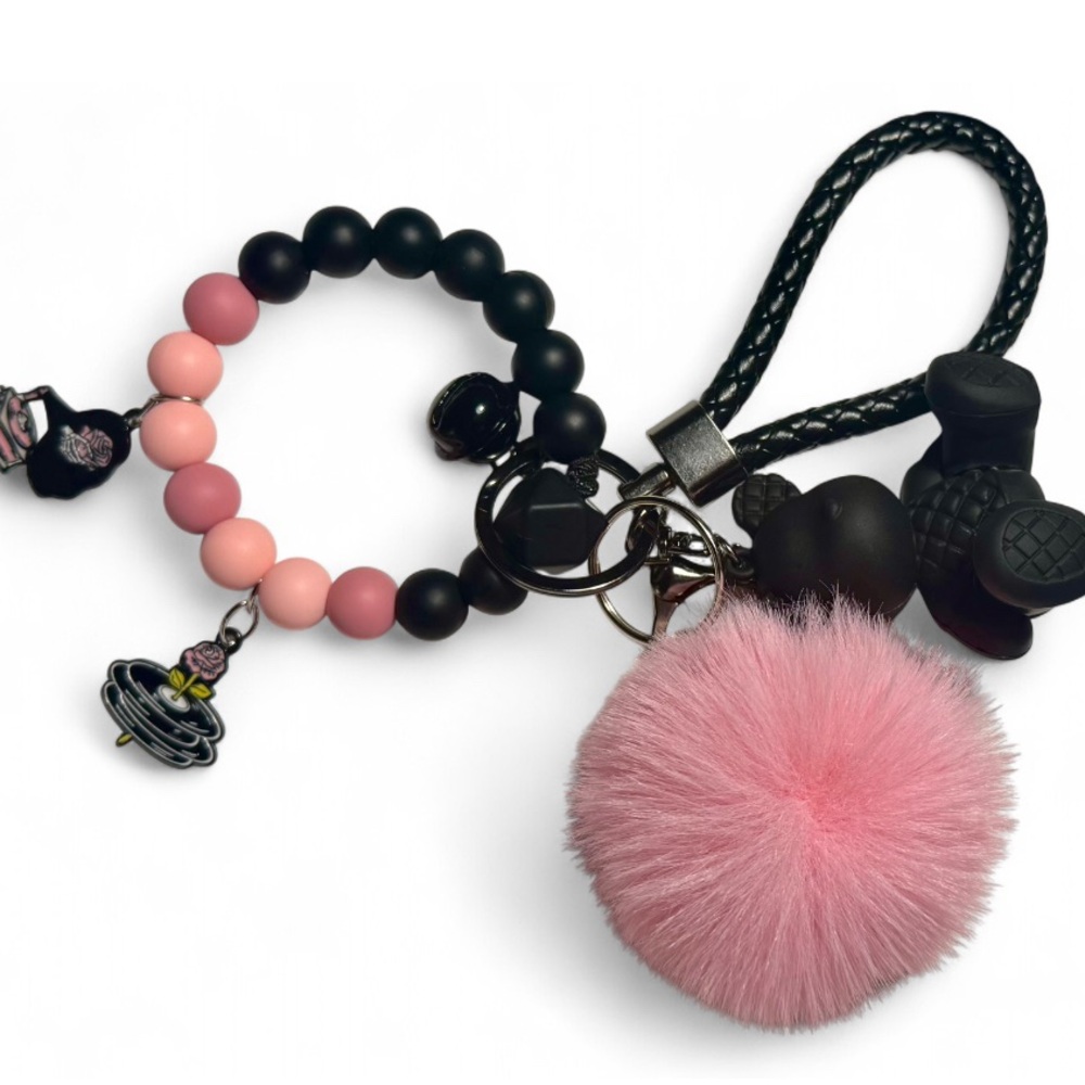 Pink & Black Beaded Pom-Pom and Black Bear Keychain Wristlet - Picture 3 of 7